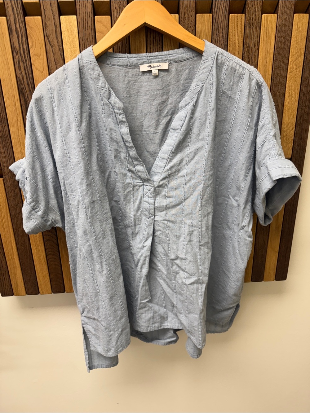 Madewell Lakeline Cotton Popover Shirt in Clip-Stripe Terrace Blue, size L